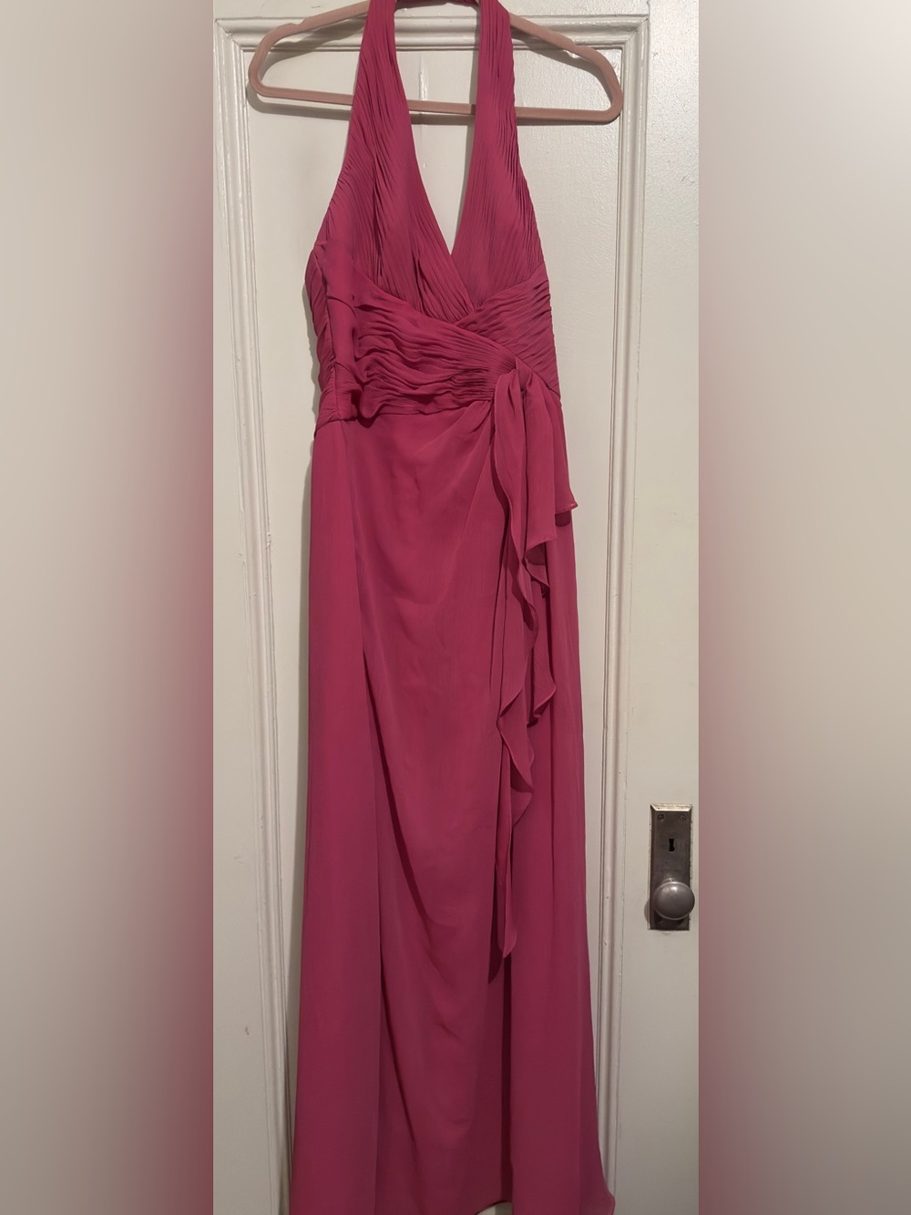 Like New David’s Bridal Halter Ruffle-Detail Maxi Dress in Fuchsia. Size 10.